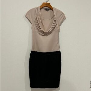 Bebe Beige and Black Cowl Draped Neck Dress